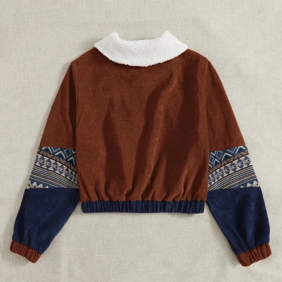 Geo Print Corduroy Button Up Sweater. - Picture 2 of 3